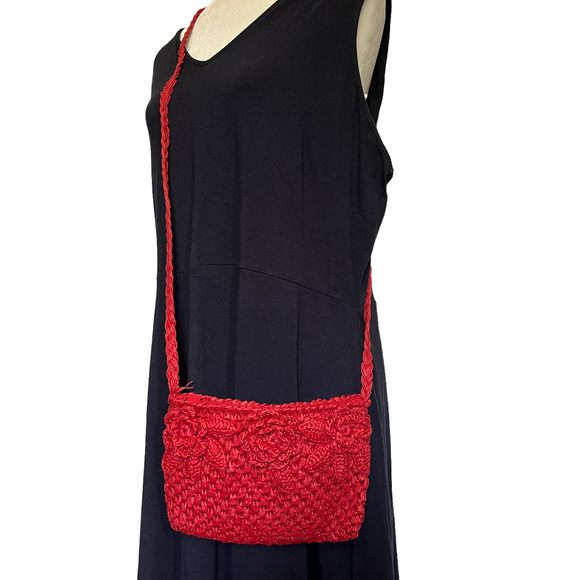 Cappelli Straworld Crossbody Purse Red Raffia Floral Crochet - Picture 2 of 12